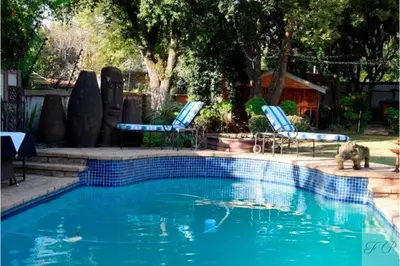 a swimming pool with two chairs and a bear in the water at The Flamingo Suite at Frederick's Place in Pretoria