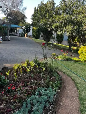 a garden with flowers and plants in a driveway at Garden Studio in Waterkloof Ridge in Pretoria