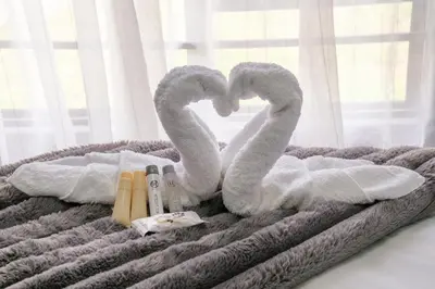 a bed with two swans made out of towels at Serenity at Homely Escapes in Phalaborwa