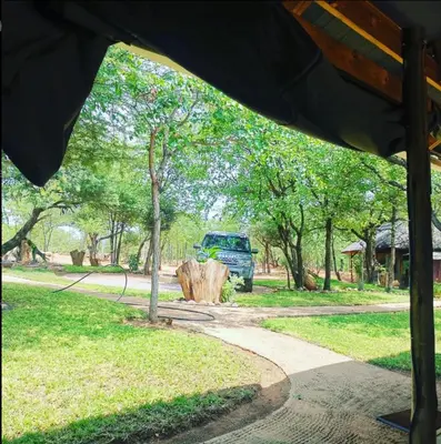 a blue truck parked in a park with a tree stump at Sunset Game Farm in Mopane