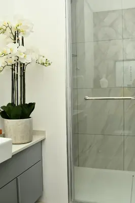 a bathroom with a shower with a vase of flowers at 438 The Capital Trilogy in Pretoria