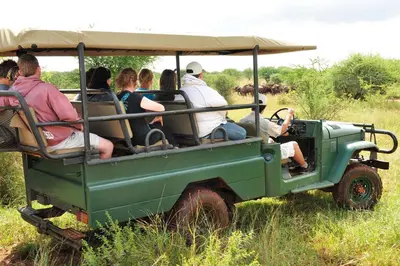 a group of people riding in a green jeep at Sondela Nature Reserve & Spa Country House in Bela-Bela