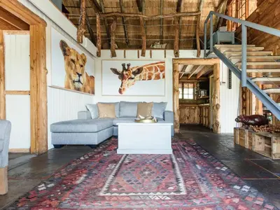 a living room with a couch and paintings of giraffes at Stone cottage in Haarties in Kalkheuvel